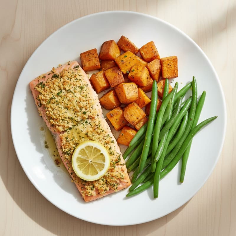 Herb-Crusted Salmon with Roasted Sweet Potatoes