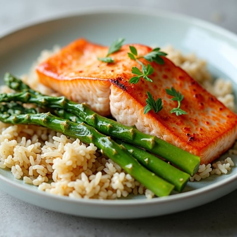 Seared Salmon Fillet with Steamed Asparagus and Brown Rice