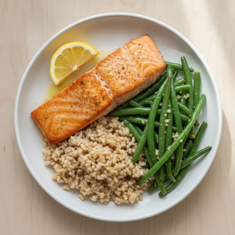 Seared Salmon with Garlic Green Beans and Brown Rice