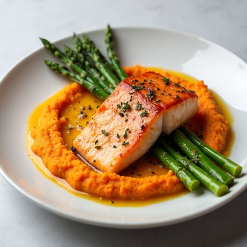 Seared Salmon with Roasted Asparagus and Sweet Potato Mash