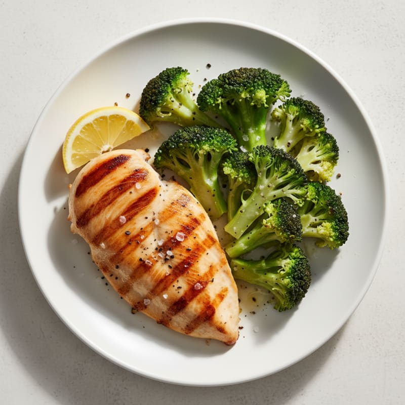 Grilled Chicken Breast with Steamed Broccoli and Lemon