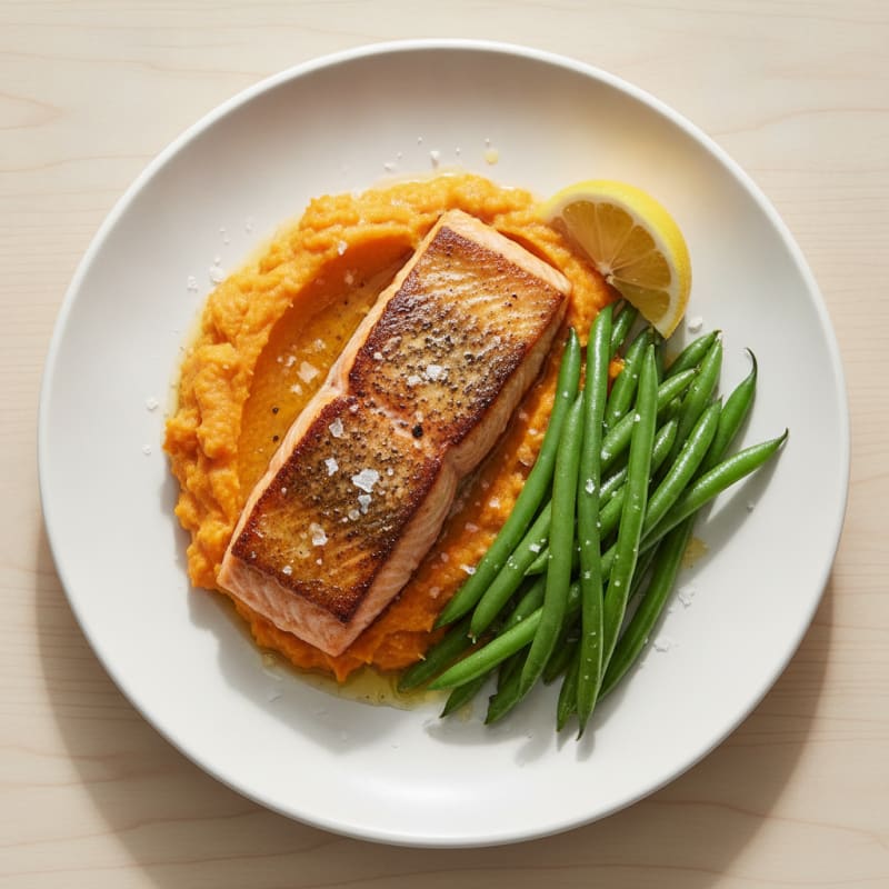 Seared Salmon with Sweet Potato Mash and Steamed Green Beans