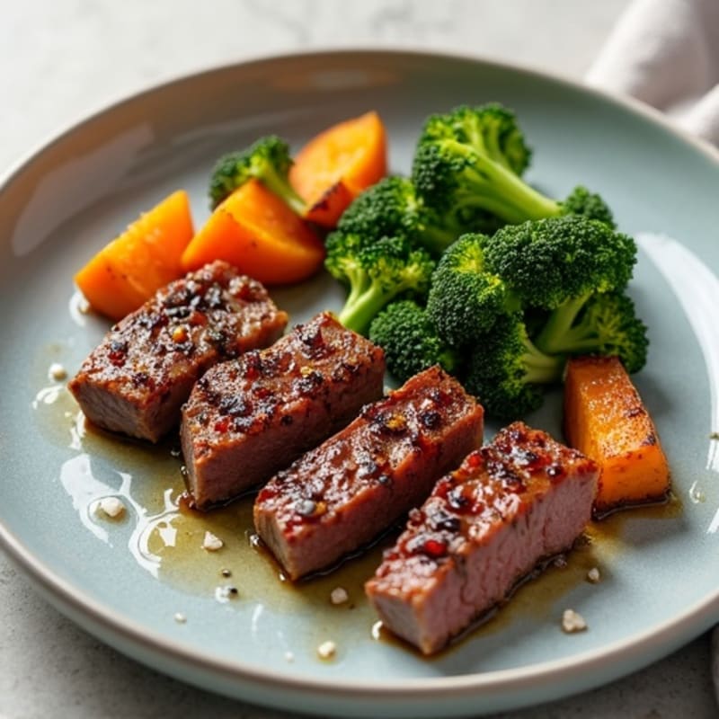 Seared Lean Beef Strips with Roasted Broccoli and Sweet Potato