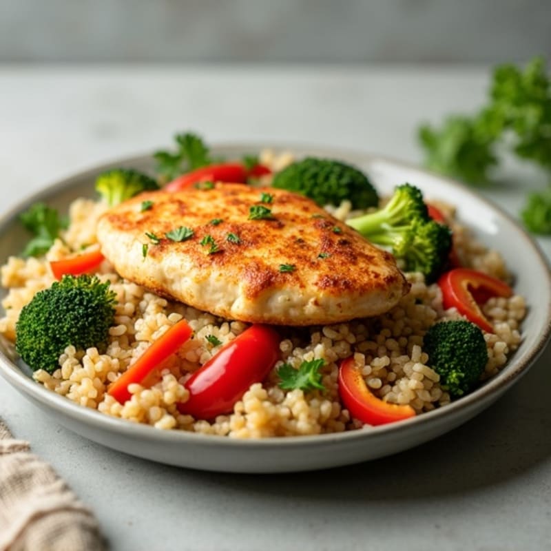 Crispy Chicken and Egg Stir-Fry with Brown Rice and Fresh Vegetables