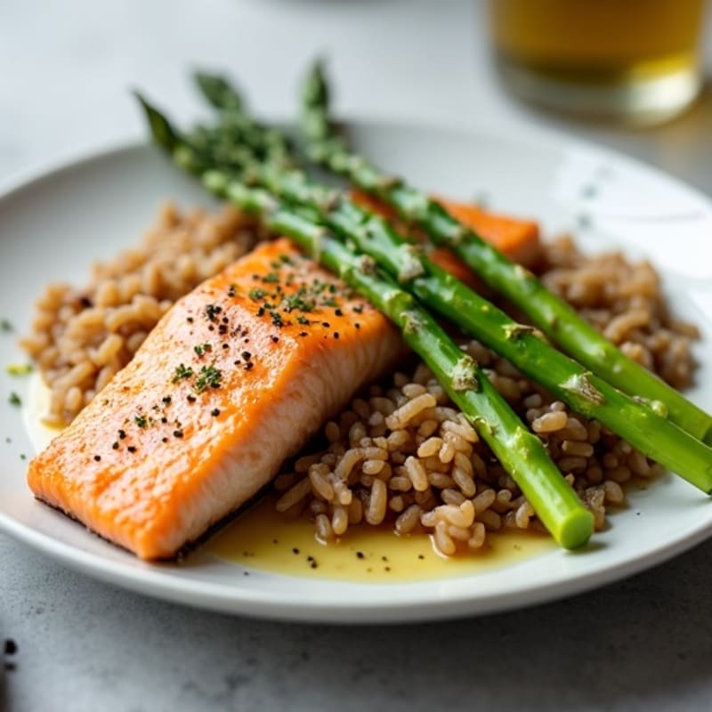 Seared Salmon with Steamed Asparagus and Brown Rice