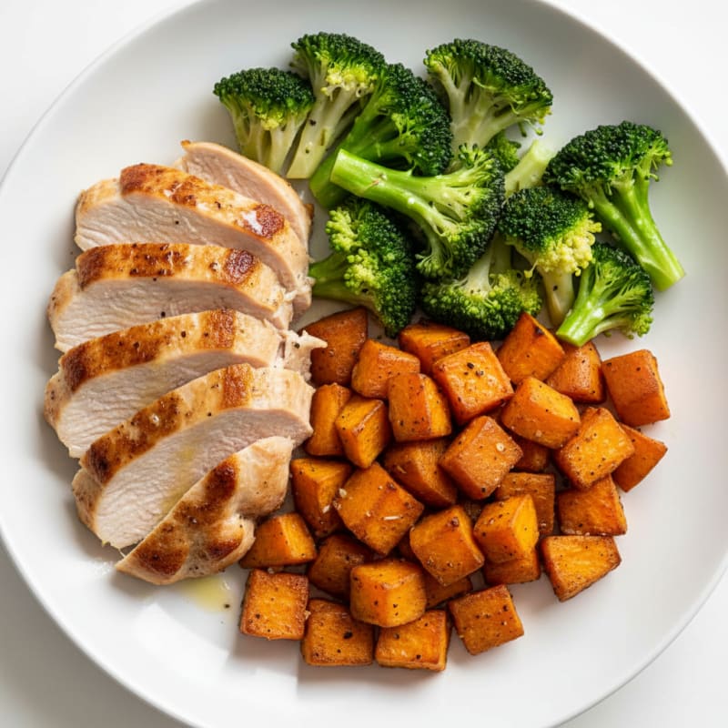 Seared Turkey Breast with Roasted Sweet Potatoes and Steamed Broccoli