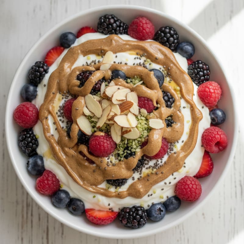 Greek Yogurt Parfait with Mixed Berries, Chia Seeds and Almond Butter