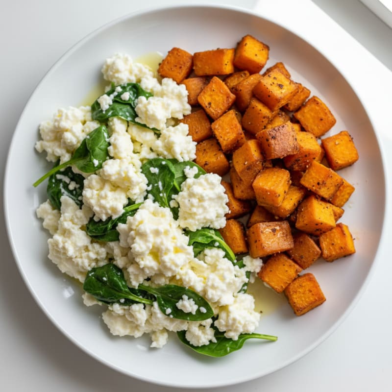 Egg White and Cottage Cheese Scramble with Roasted Sweet Potato