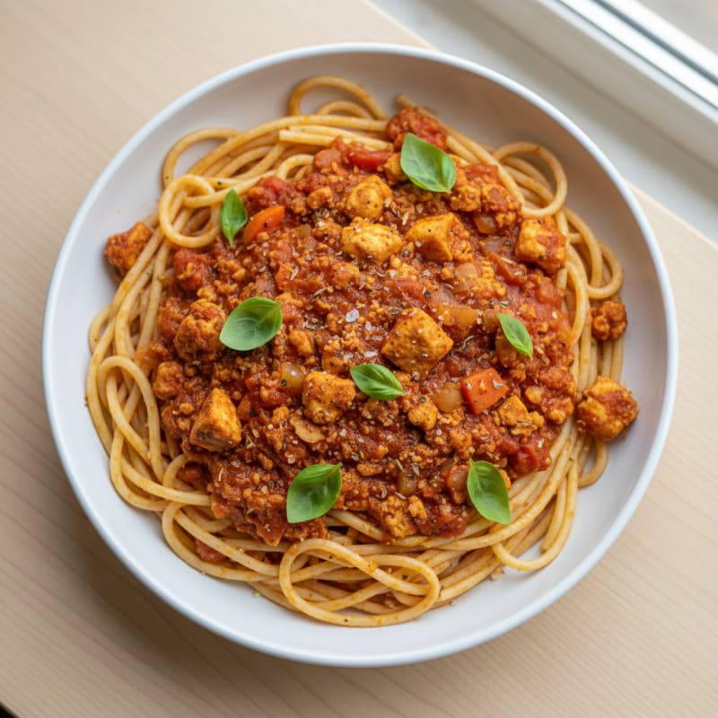 Tofu Bolognese Spaghetti with Fresh Basil
