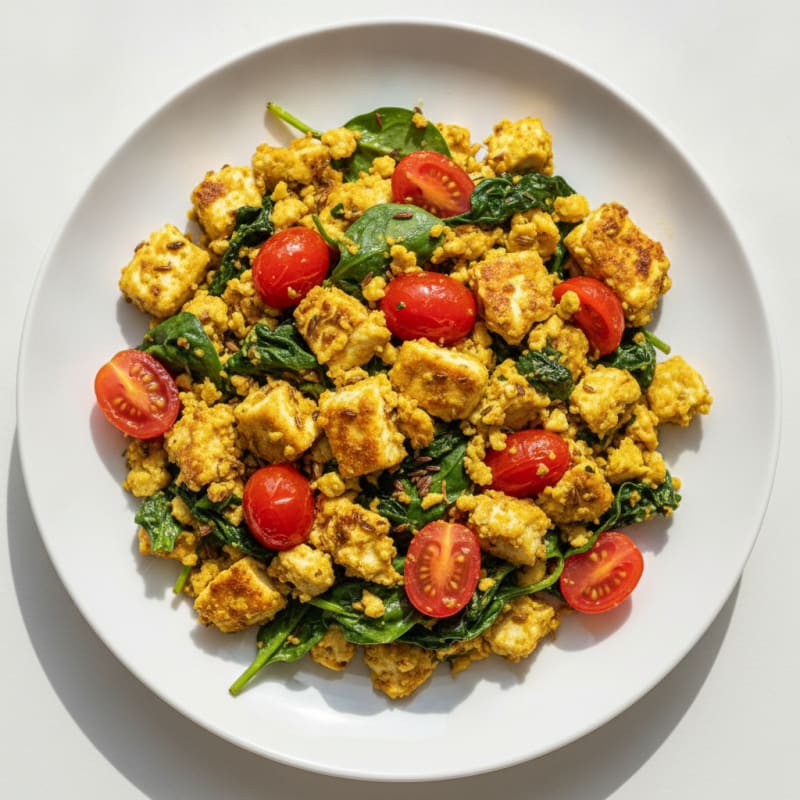 Scrambled Paneer with Spinach and Cherry Tomatoes
