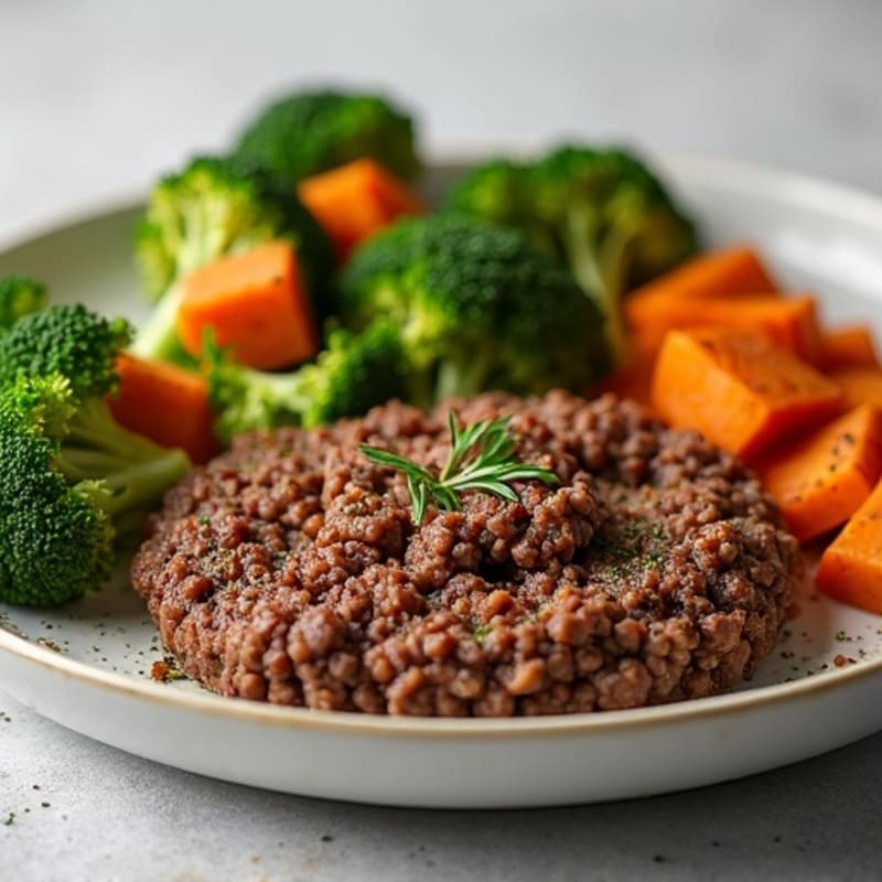 Lean Ground Beef with Crispy Roasted Broccoli and Sweet Potatoes
