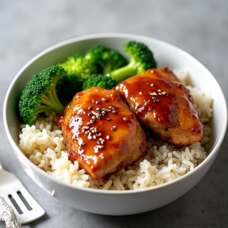 Sticky Teriyaki Chicken Thighs with White Rice and Crisp Broccoli