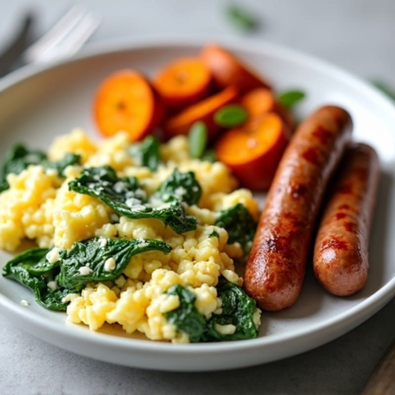 Egg White Spinach Scramble with Turkey Sausage and Roasted Sweet Potatoes