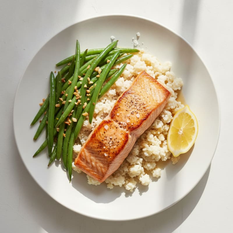 Seared Salmon with Garlic Green Beans and Cauliflower Rice