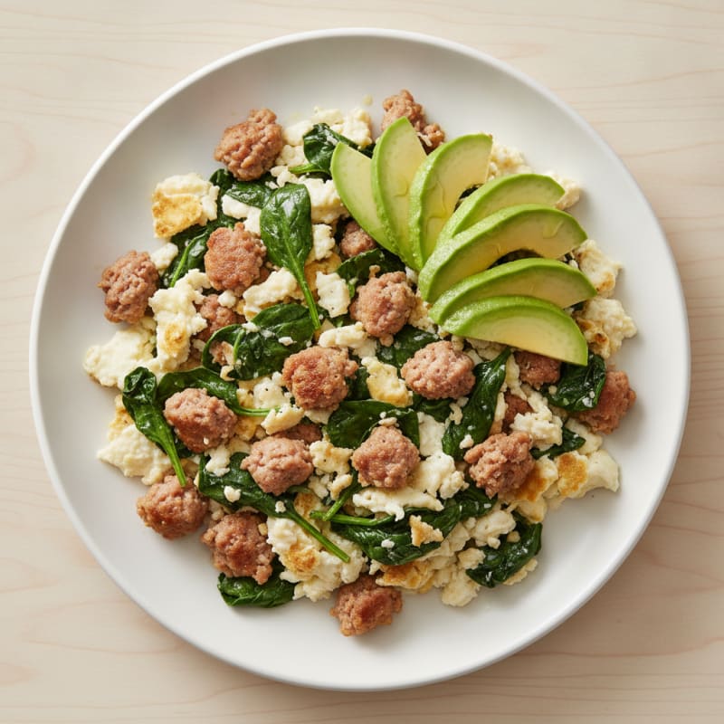 Egg White Scramble with Turkey Sausage and Sautéed Spinach