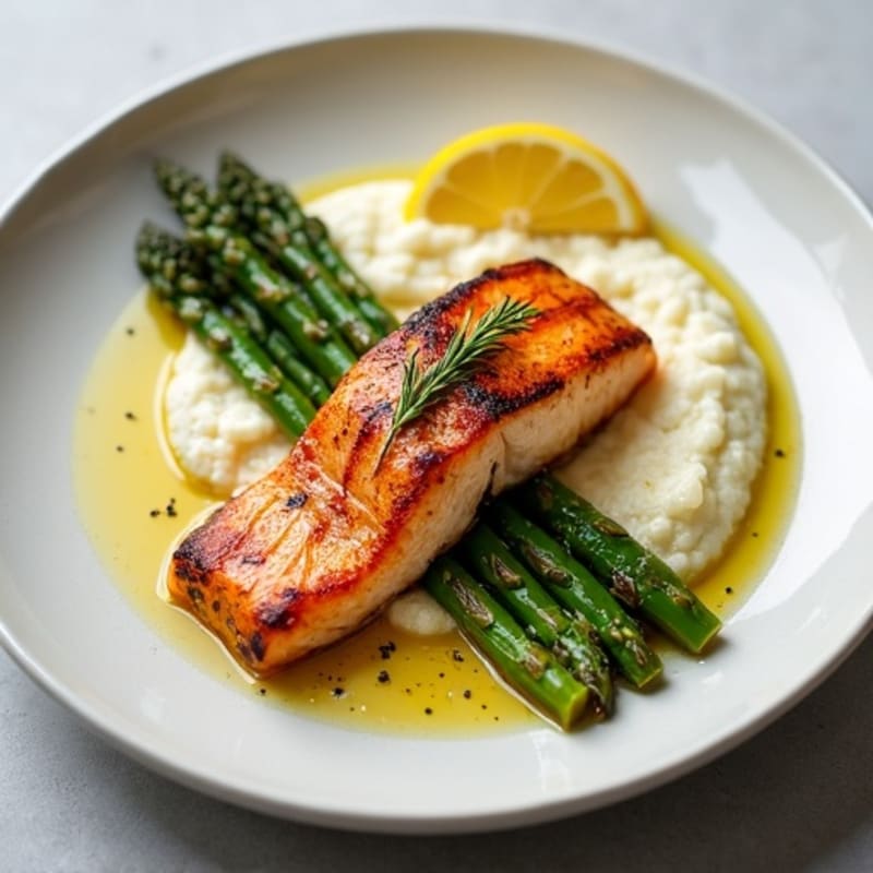 Seared Salmon with Roasted Asparagus and Cauliflower Mash