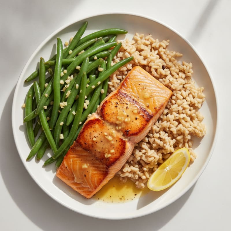 Seared Salmon with Garlic Green Beans and Brown Rice