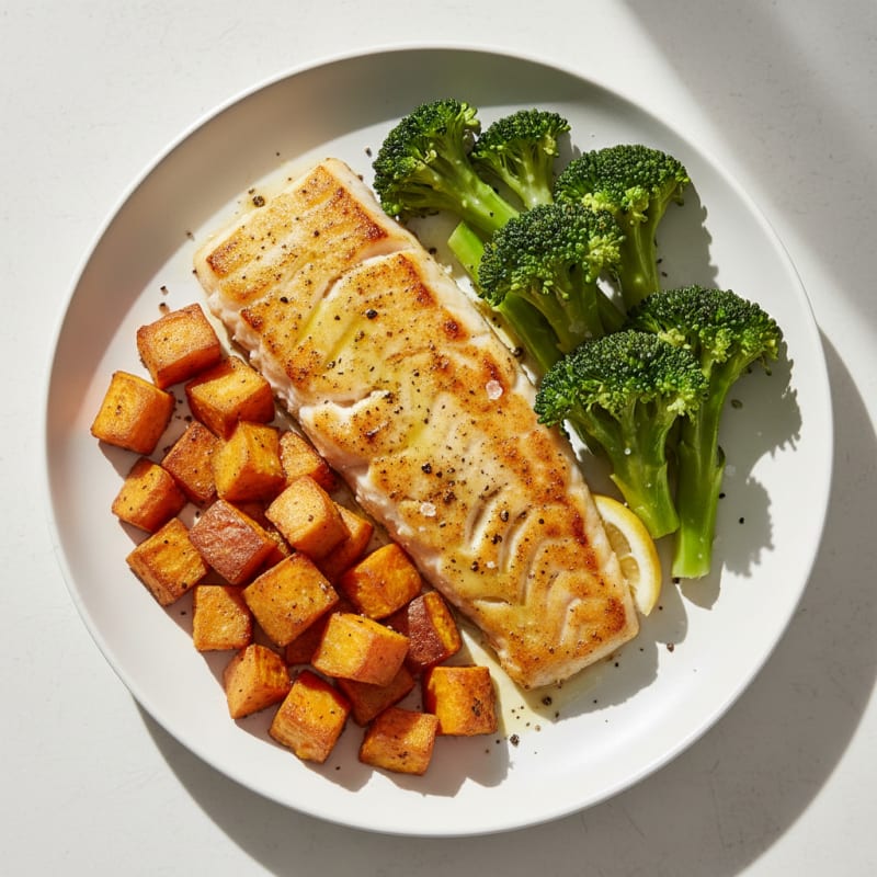 Golden Pan-Seared Cod with Roasted Sweet Potatoes