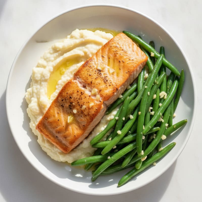 Seared Salmon with Garlic Green Beans and Cauliflower Mash