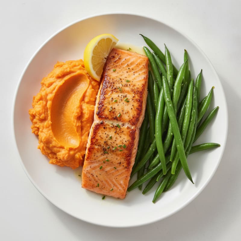 Seared Salmon with Steamed Green Beans and Mashed Sweet Potato