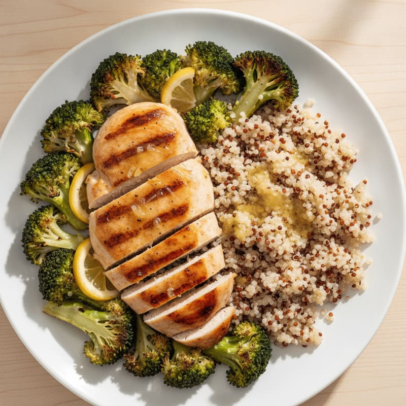 Grilled Chicken Breast with Roasted Broccoli and Quinoa