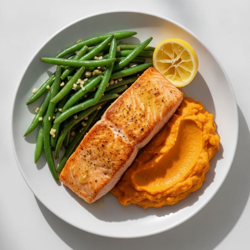 Seared Salmon with Garlic Green Beans and Sweet Potato Mash