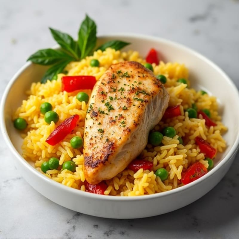 One-Pan Saffron Chicken and Rice with Peas and Bell Peppers