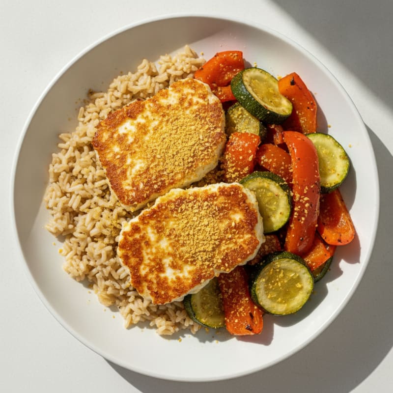 Seared Cottage Cheese with Rice and Roasted Vegetables