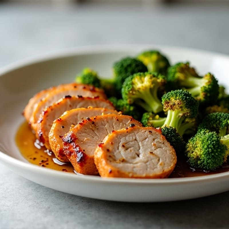 Roasted Pork Tenderloin with Sweet and Savory Glaze and Crispy Broccoli