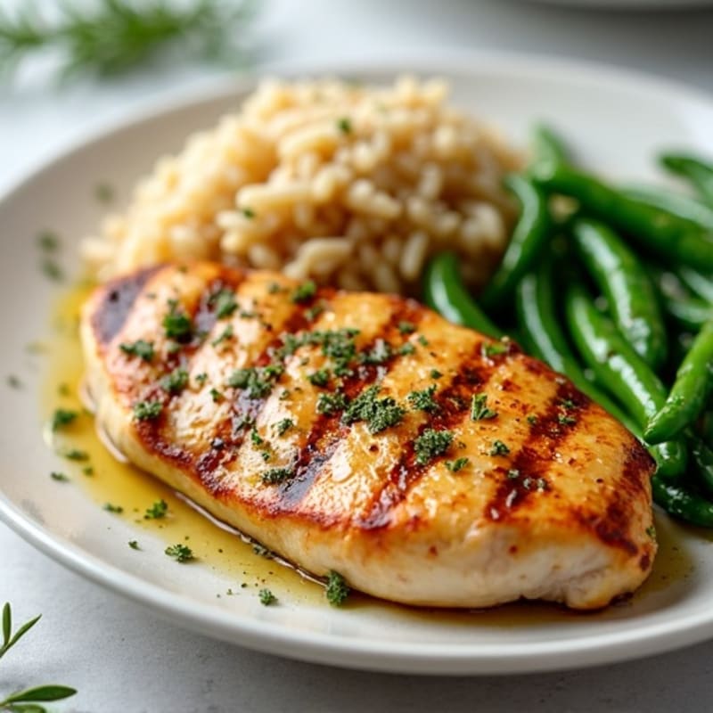 Grilled Lemon-Herb Chicken with Brown Rice and Roasted Green Beans