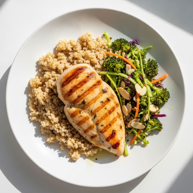 Grilled Chicken Breast with Quinoa and Crunchy Broccoli Slaw