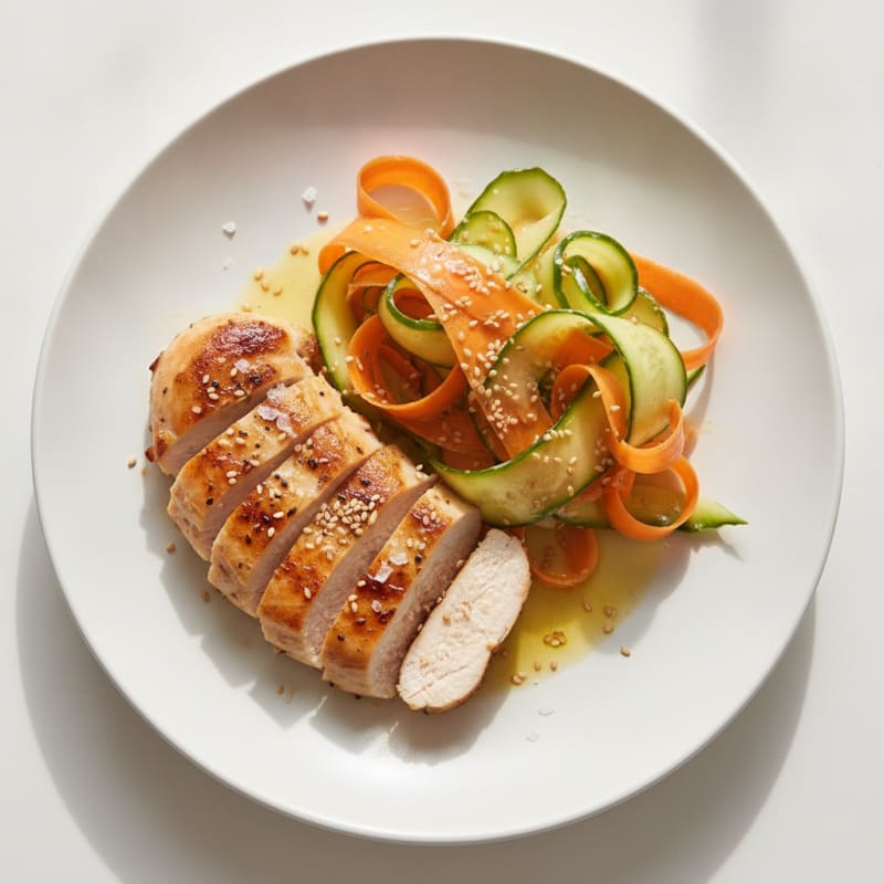 Carrot Cucumber Ribbon Salad with Ginger-Lime Dressing & Seared Chicken