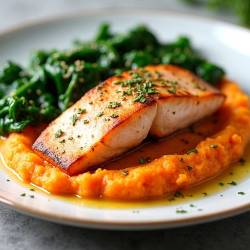 Seared Salmon with Garlic Spinach and Sweet Potato Mash