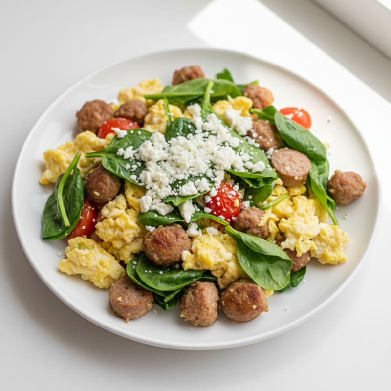 Egg White Spinach Scramble with Turkey Sausage