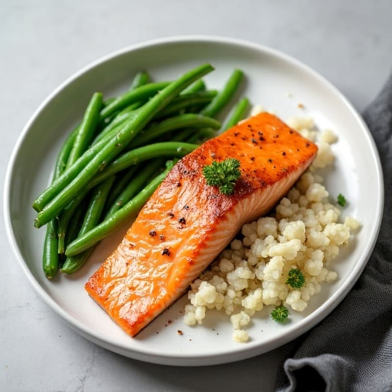 Seared Salmon Fillet with Garlic Green Beans and Cauliflower Rice
