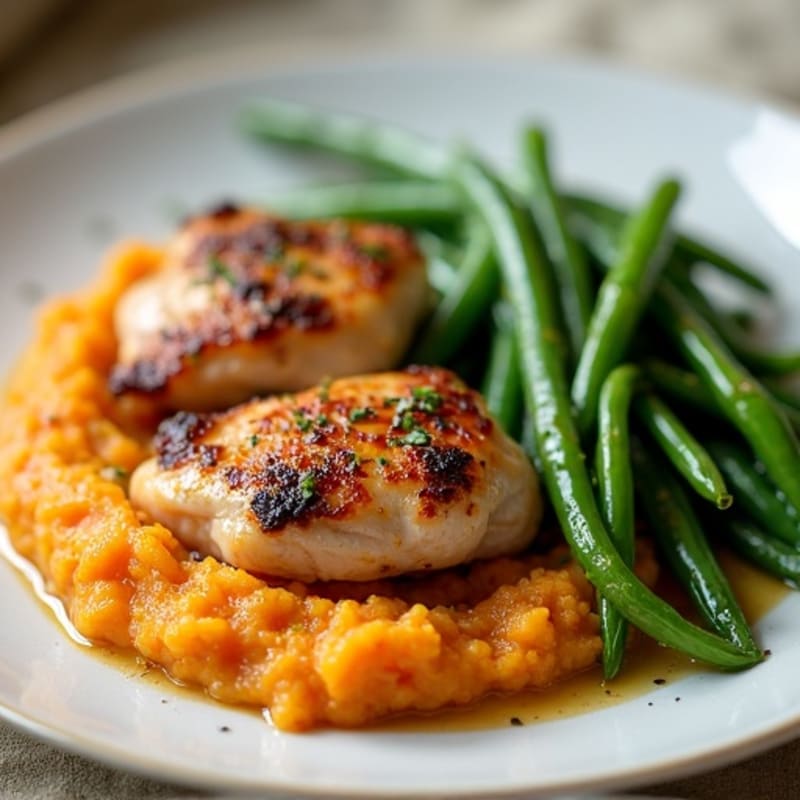 Seared Chicken Thighs with Garlic Green Beans and Sweet Potato Mash