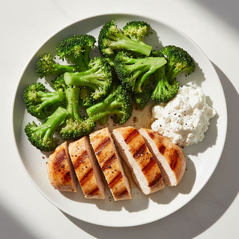 Grilled Chicken Breast with Steamed Broccoli and Cottage Cheese