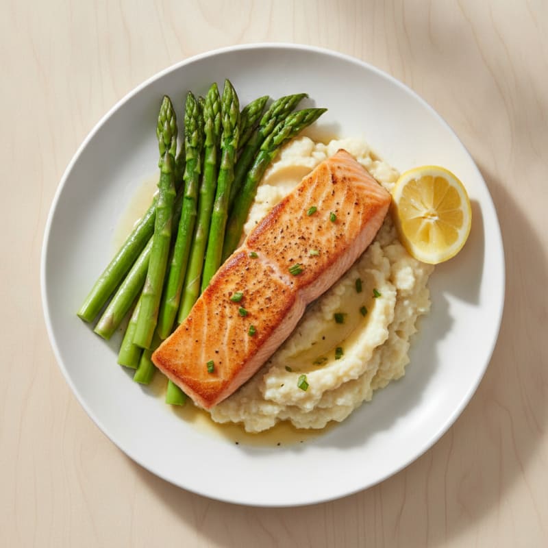 Seared Salmon with Steamed Asparagus and Garlic Cauliflower Mash