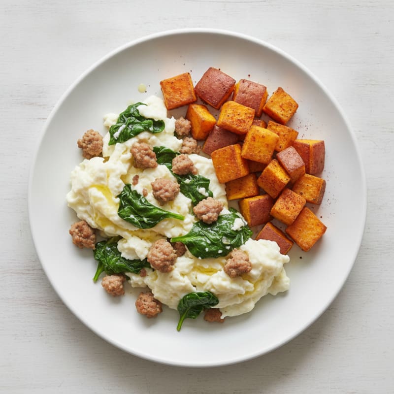 Egg White Scramble with Turkey Sausage and Spinach