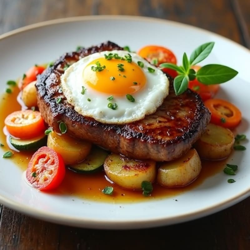 Seared Steak with Roasted Mixed Vegetables and Garlic Potatoes