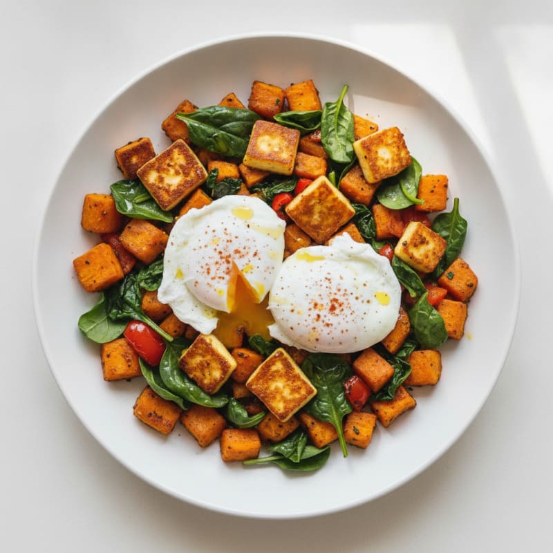 Crispy Halloumi and Sweet Potato Hash with Poached Eggs