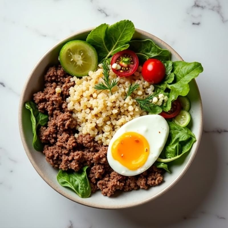 Lean Ground Beef Bowl with Fresh Greens and Creamy Tangy Dressing