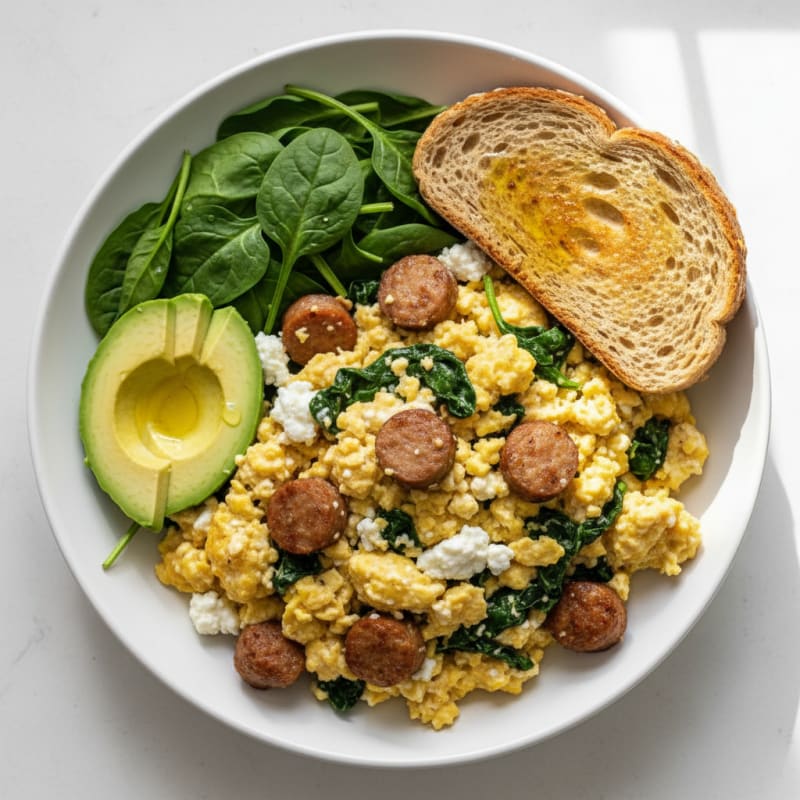 Cottage Cheese Scramble with Turkey Sausage and Spinach