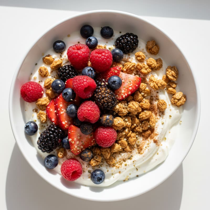 Creamy Greek Yogurt Bowl with Protein Granola and Mixed Berries
