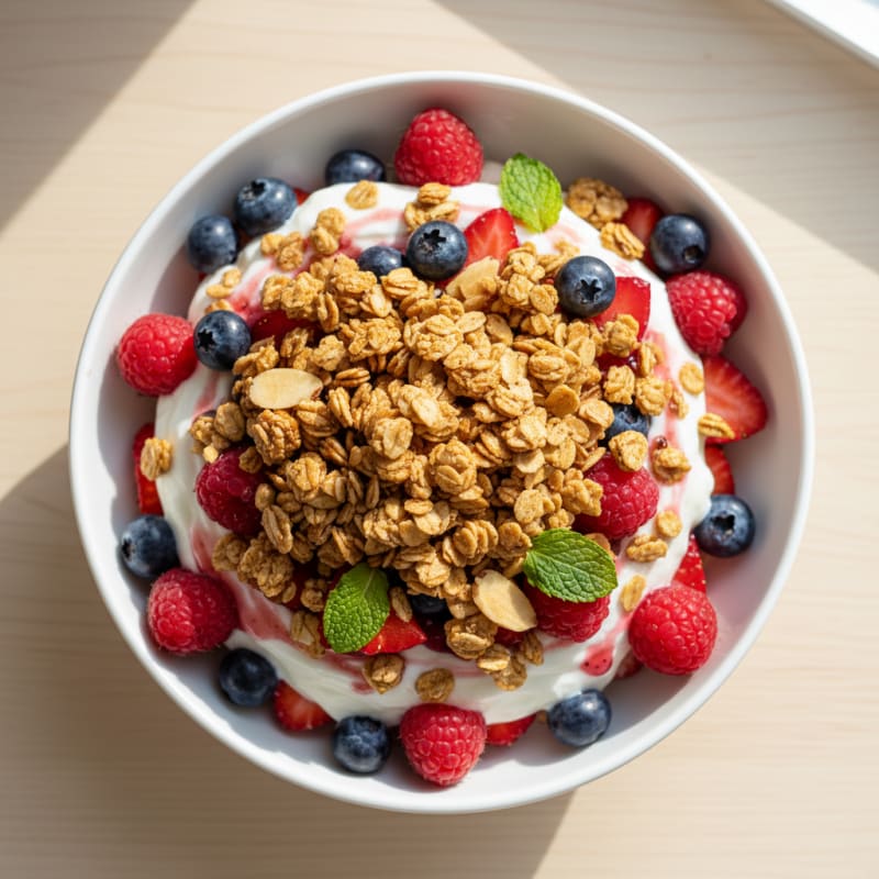 Greek Yogurt Parfait with Mixed Berries and Crunchy Almond Granola