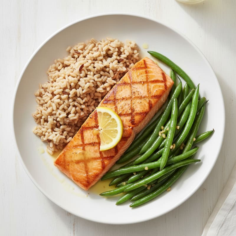 Seared Salmon with Garlic Green Beans and Brown Rice