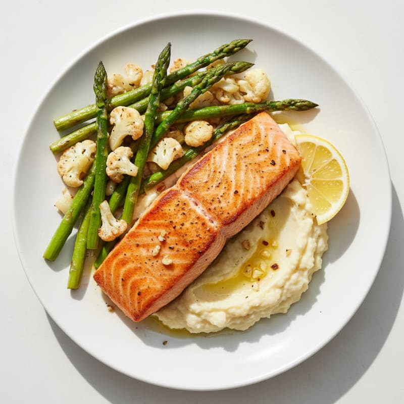 Seared Salmon Fillet with Roasted Asparagus and Cauliflower Mash