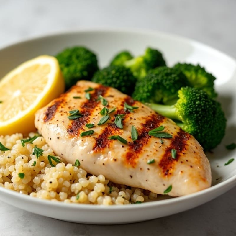 Grilled Lemon Herb Chicken with Quinoa and Steamed Broccoli
