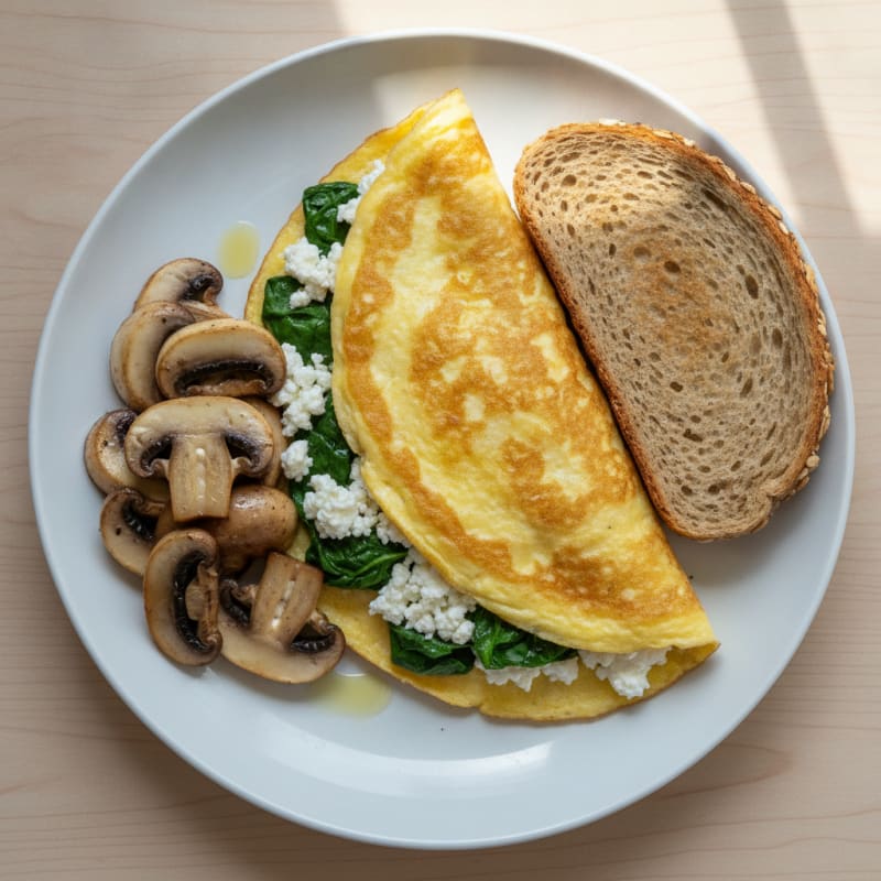 Egg White Spinach Omelette with Cottage Cheese and Sautéed Mushrooms