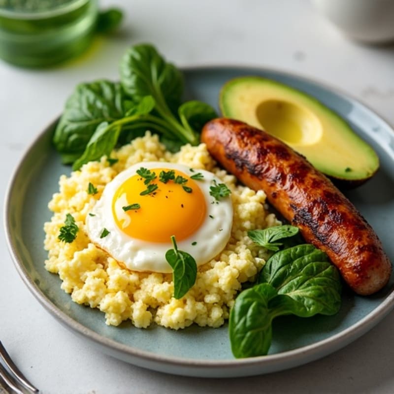 Egg White Spinach Scramble with Grilled Turkey Sausage